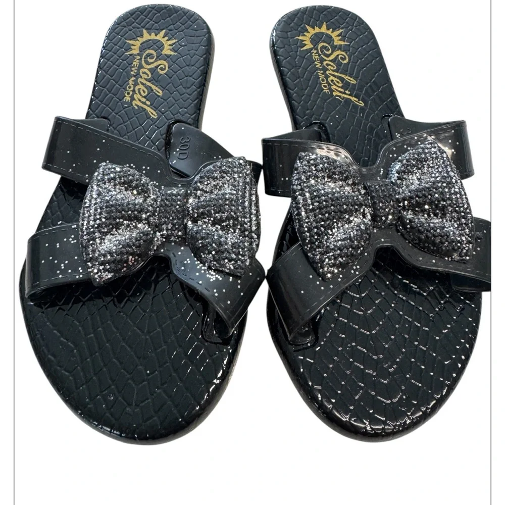 Soleil  New Mode Black Glitter Bow Sandals Size 30 US 12.5